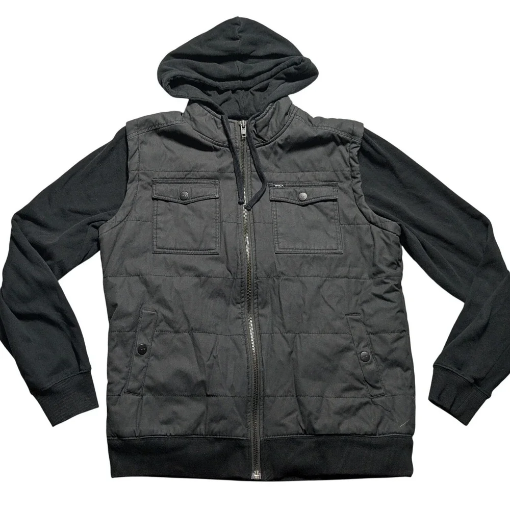 RVCA Nature X Industry Men Large Black Layered-Look Vest Hoodie Jacket